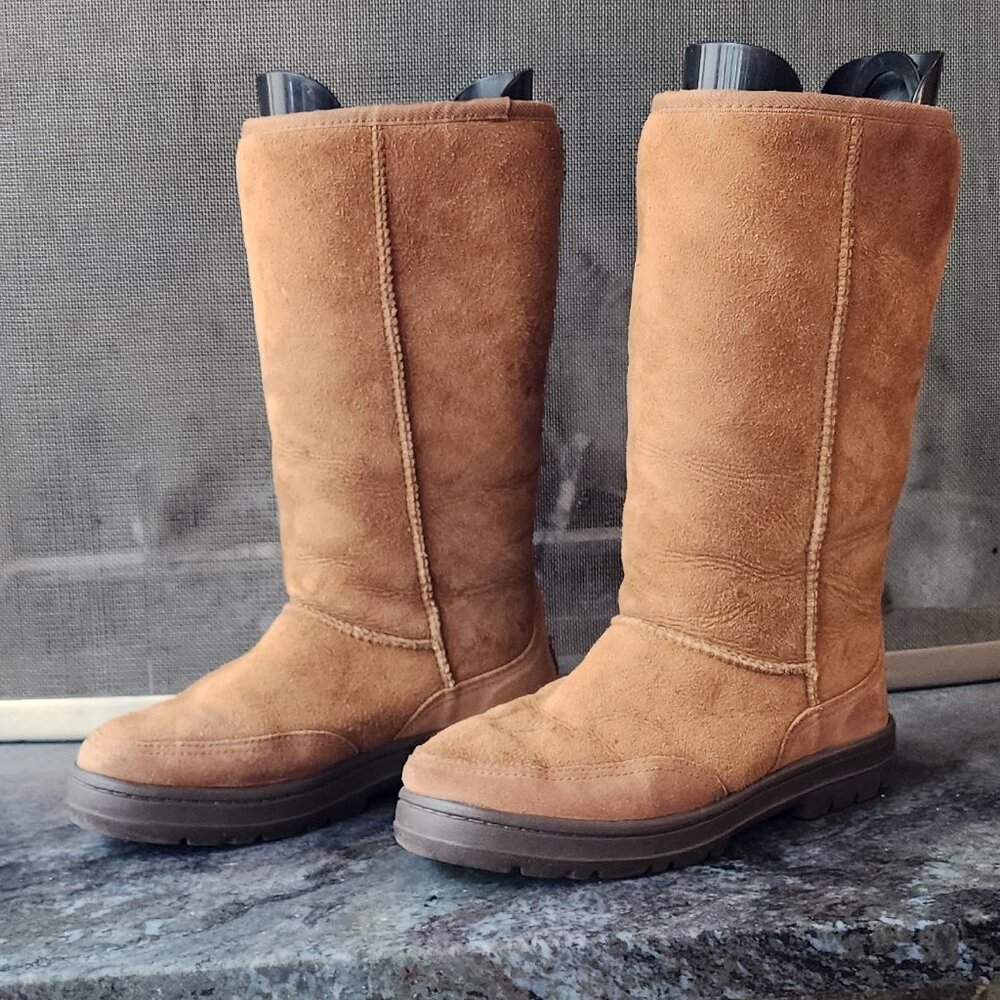 UGG Brown Suede Leather Ultra Tall Braided Back Boots Size 8 - Picture 2 of 16